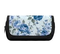 HETVBNS Blue Flower Floral Pattern Roses Pencil Case Extra Large, Double Layer Pencil Pouch with Zipper, Portable Cosmetic Bags for Travel, Office Stationery Organizer for Women Men