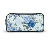HETVBNS Blue Flower Floral Pattern Roses Pencil Case Large Capacity, Durable Pencil Pouch Portable Small Cosmetic Bag with Metal Zipper, Simple Makeup Pouch Aesthetic Toiletry Bag for Travel Office