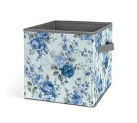 HETVBNS Blue Flower Floral Pattern Roses Storage Bins 10.6 Inch, Oxford Fabric Foldable Storage Cube Organizer Basket with Handles, Fabric Bins for Closet Shelves, Toys, Clothes, Books, Bedroom