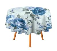 HETVBNS - Blue Flower Floral Polyester Round Tablecloth Wrinkle and Stain Resistant Polyester Tablecloth Round Tablecloth 70 x 70 Inch Elegant Dining Decor