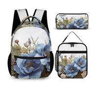HETVBNS Blue Flowers And Dragonfly Backpack Set 3 Piece, Durable Backpack Insulated Lunch Bag Portable Pencil Case for Men Women