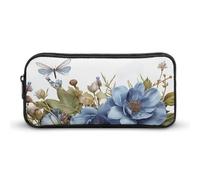 HETVBNS Blue Flowers And Dragonfly Pencil Case Large Capacity, Durable Pencil Pouch Portable Small Cosmetic Bag with Metal Zipper, Simple Makeup Pouch Aesthetic Toiletry Bag for Travel Office
