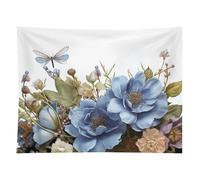 HETVBNS Blue Flowers And Dragonfly Tapestry Wall Hanging - 60"x80" Aesthetic Tapestries Soft Polyester Wall Art Decor Large Tapestry for Bedroom Living Room Dorm Backdrop, Hanging Kit Included
