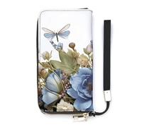 HETVBNS Blue Flowers And Dragonfly Wallet, Elegant Wristlet Wallet with Multi-Card Slots, PU Leather Long Purse for Women, Men
