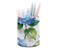 HETVBNS Blue Hydrangea Pattern Pen Holder for Desk PU Leather Round Desk Organizer Multifunctional Makeup Brush Storage Aesthetic Desktop Supplies Stylish Pencil Holder for Office & Home