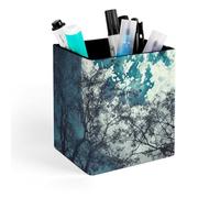 HETVBNS Blue Moon Pen Holder for Desk - PU Leather Square Desk Organizer Travel Makeup Brush Storage Stylish Pencil Holder Desktop Stationery Organizer for Office & Home