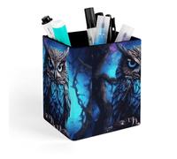 HETVBNS Blue Owl Pen Holder for Desk - PU Leather Square Desk Organizer Travel Makeup Brush Storage Stylish Pencil Holder Desktop Stationery Organizer for Office & Home