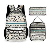HETVBNS Boho Triangle Stripes Backpack Set 3 Piece, Durable Backpack Insulated Lunch Bag Portable Pencil Case for Men Women