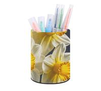 HETVBNS Bouquet of Daffodils Pen Holder for Desk PU Leather Round Desk Organizer Multifunctional Makeup Brush Storage Aesthetic Desktop Supplies Stylish Pencil Holder for Office & Home