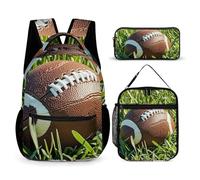 HETVBNS Brown Football Green Of Grass Backpack Set 3 Piece, Durable Backpack Insulated Lunch Bag Portable Pencil Case for Men Women