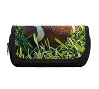 HETVBNS Brown Football Green Of Grass Pencil Case Extra Large, Double Layer Pencil Pouch with Zipper, Portable Cosmetic Bags for Travel, Office Stationery Organizer for Women Men