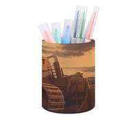 HETVBNS Bulldozer Evening Pen Holder for Desk PU Leather Round Desk Organizer Multifunctional Makeup Brush Storage Aesthetic Desktop Supplies Stylish Pencil Holder for Office & Home