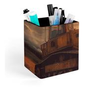 HETVBNS Bulldozer Evening Pen Holder for Desk - PU Leather Square Desk Organizer Travel Makeup Brush Storage Stylish Pencil Holder Desktop Stationery Organizer for Office & Home