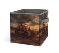 HETVBNS Bulldozer Evening Storage Bins 10.6 Inch, Oxford Fabric Foldable Storage Cube Organizer Basket with Handles, Fabric Bins for Closet Shelves, Toys, Clothes, Books, Bedroom