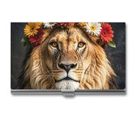 HETVBNS Business Card Holder Metal Business Cards Case African Lion Wearing A Flower on Its Head Professional Card Organizer Credit Carrier Slim Name Cards Holder ID Case for Men Or Women, African