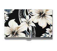 HETVBNS Business Card Holder Metal Business Cards Case Black And White Hawaiian Flowers Professional Card Organizer Credit Carrier Slim Name Cards Holder ID Case for Men Or Women, Black And White