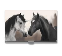 HETVBNS Business Card Holder Metal Business Cards Case Black And White Horses Professional Card Organizer Credit Carrier Slim Name Cards Holder ID Case for Men Or Women, Black And White Horses, 3.7 ×