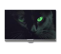 HETVBNS Business Card Holder Metal Business Cards Case Black Cat Green Eyes Professional Card Organizer Credit Carrier Slim Name Cards Holder ID Case for Men Or Women, Black Cat Green Eyes, 3.7 × 2.2