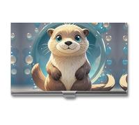 HETVBNS Business Card Holder Metal Business Cards Case Cartoon Cute Otter Professional Card Organizer Credit Carrier Slim Name Cards Holder ID Case for Men Or Women, Cartoon Cute Otter, 3.7 × 2.2 ×