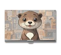 HETVBNS Business Card Holder Metal Business Cards Case Cartoon Cute Otter Professional Card Organizer Credit Carrier Slim Name Cards Holder ID Case for Men Or Women, Cartoon Cute Otter, 3.7 × 2.2 ×