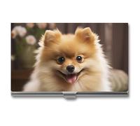 HETVBNS Business Card Holder Metal Business Cards Case Cute Pomeranian Dog Professional Card Organizer Credit Carrier Slim Name Cards Holder ID Case for Men Or Women