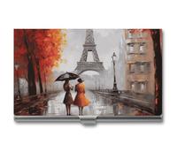 HETVBNS Business Card Holder Metal Business Cards Case Eiffel Tower Paris Painting Professional Card Organizer Credit Carrier Slim Name Cards Holder ID Case for Men Or Women
