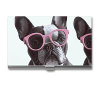 HETVBNS Business Card Holder Metal Business Cards Case French Bulldog Pink Glasses Professional Card Organizer Credit Carrier Slim Name Cards Holder ID Case for Men Or Women, French Bulldog Pink