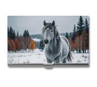 HETVBNS Business Card Holder Metal Business Cards Case Gray Horse in Winter Landscape Snowy Wilderness Professional Card Organizer Credit Carrier Slim Name Cards Holder ID Case for Men Or Women, Gray