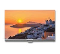 HETVBNS Business Card Holder Metal Business Cards Case Greece Island Sunset Landscape Professional Card Organizer Credit Carrier Slim Name Cards Holder ID Case for Men Or Women