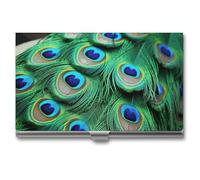 HETVBNS Business Card Holder Metal Business Cards Case Green Peacock Feather Professional Card Organizer Credit Carrier Slim Name Cards Holder ID Case for Men Or Women, Green Peacock Feather, 3.7 ×