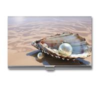 HETVBNS Business Card Holder Metal Business Cards Case Ocean Beach Mussel Pearl Professional Card Organizer Credit Carrier Slim Name Cards Holder ID Case for Men Or Women