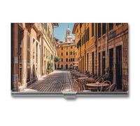 HETVBNS Business Card Holder Metal Business Cards Case Old Courtyard Cafe Chair City Rome Italy Professional Card Organizer Credit Carrier Slim Name Cards Holder ID Case for Men Or Women, Old