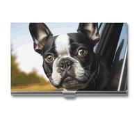 HETVBNS Business Card Holder Metal Business Cards Case Puppy Dog Boston Terrier Professional Card Organizer Credit Carrier Slim Name Cards Holder ID Case for Men Or Women