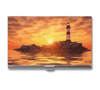 HETVBNS Business Card Holder Metal Business Cards Case Sea Lighthouse in Sunset Professional Card Organizer Credit Carrier Slim Name Cards Holder ID Case for Men Or Women