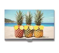 HETVBNS Business Card Holder Metal Business Cards Case Seaside Beach Yellow Geometric Pineapple Professional Card Organizer Credit Carrier Slim Name Cards Holder ID Case for Men Or Women