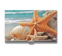 HETVBNS Business Card Holder Metal Business Cards Case Starfish Seashell Beach Professional Card Organizer Credit Carrier Slim Name Cards Holder ID Case for Men Or Women