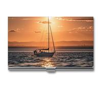 HETVBNS Business Card Holder Metal Business Cards Case Sunset Seascape Sailboat Floating Professional Card Organizer Credit Carrier Slim Name Cards Holder ID Case for Men Or Women, Sunset Seascape