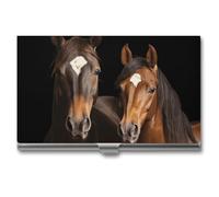 HETVBNS Business Card Holder Metal Business Cards Case Two Horses Standing on Black Background Professional Card Organizer Credit Carrier Slim Name Cards Holder ID Case for Men Or Women