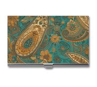 HETVBNS Business Card Holder Metal Business Cards Case Yellow Paisley Pattern Professional Card Organizer Credit Carrier Slim Name Cards Holder ID Case for Men Or Women, Yellow Paisley Pattern, 3.7 ×