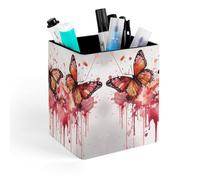 HETVBNS Butterfly Drip Spray Watercolor Pen Holder for Desk - PU Leather Square Desk Organizer Travel Makeup Brush Storage Stylish Pencil Holder Desktop Stationery Organizer for Office & Home