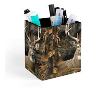 HETVBNS Camouflage Deer Pen Holder for Desk - PU Leather Square Desk Organizer Travel Makeup Brush Storage Stylish Pencil Holder Desktop Stationery Organizer for Office & Home