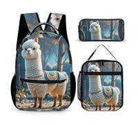 HETVBNS Cartoon Alpaca Cute Animal Backpack Set 3 Piece, Durable Backpack Insulated Lunch Bag Portable Pencil Case for Men Women