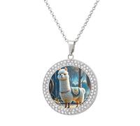 HETVBNS - Cartoon alpaca pendant necklace, round alloy pendant with diamond, elegant pendant necklace for women men, Una talla, Metal, Alloy.