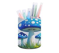 HETVBNS Cartoon Blue Mushroom Pen Holder for Desk PU Leather Round Desk Organizer Multifunctional Makeup Brush Storage Aesthetic Desktop Supplies Stylish Pencil Holder for Office & Home