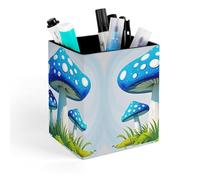 HETVBNS Cartoon Blue Mushroom Pen Holder for Desk - PU Leather Square Desk Organizer Travel Makeup Brush Storage Stylish Pencil Holder Desktop Stationery Organizer for Office & Home