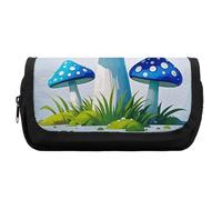 HETVBNS Cartoon Blue Mushroom Pencil Case Extra Large, Double Layer Pencil Pouch with Zipper, Portable Cosmetic Bags for Travel, Office Stationery Organizer for Women Men