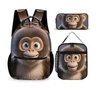 HETVBNS Cartoon Brown Monkey Backpack Set 3 Piece, Durable Backpack Insulated Lunch Bag Portable Pencil Case for Men Women
