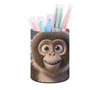 HETVBNS Cartoon Brown Monkey Pen Holder for Desk PU Leather Round Desk Organizer Multifunctional Makeup Brush Storage Aesthetic Desktop Supplies Stylish Pencil Holder for Office & Home