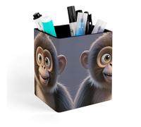 HETVBNS Cartoon Brown Monkey Pen Holder for Desk - PU Leather Square Desk Organizer Travel Makeup Brush Storage Stylish Pencil Holder Desktop Stationery Organizer for Office & Home