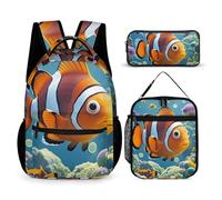 HETVBNS Cartoon Clown Fish Backpack Set 3 Piece, Durable Backpack Insulated Lunch Bag Portable Pencil Case for Men Women